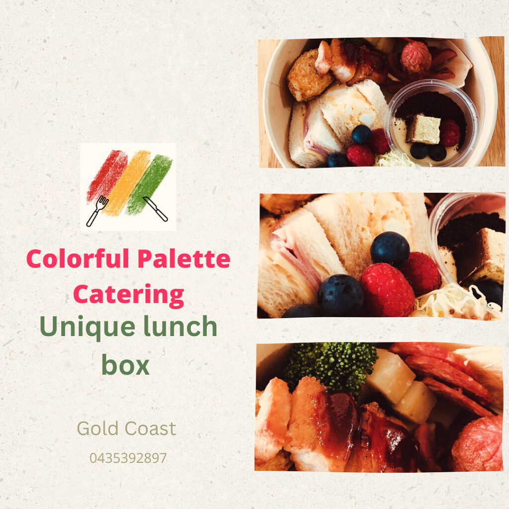 Colorful Palette Catering unique lunch boxes featuring a variety of gourmet sandwiches, fresh berries, and savory treats in Gold Coast.