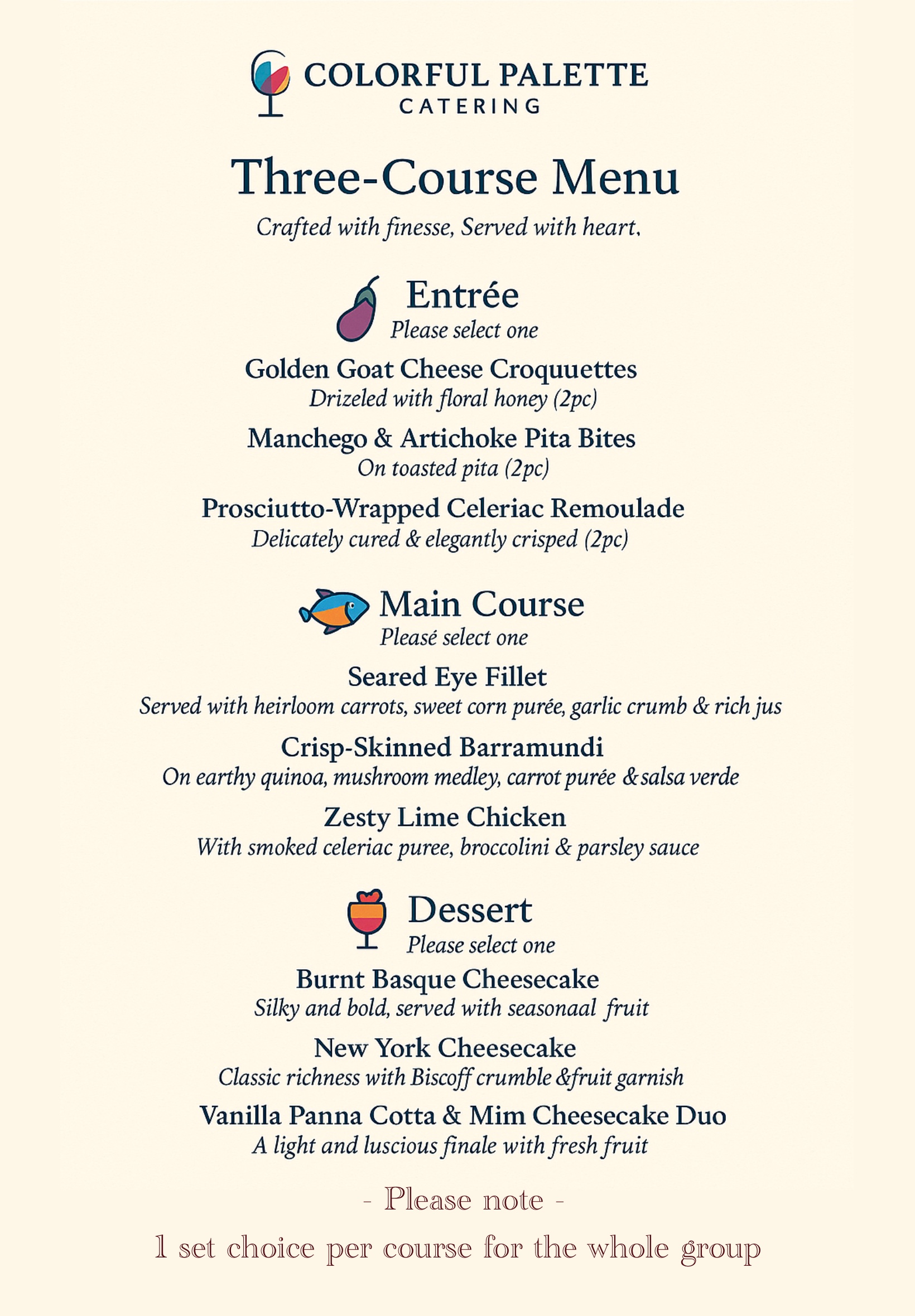 Three-Course Sit-Down Catering Menu by Colorful Palette Catering featuring gourmet entrée, main, and dessert selections for events on the Gold Coast
